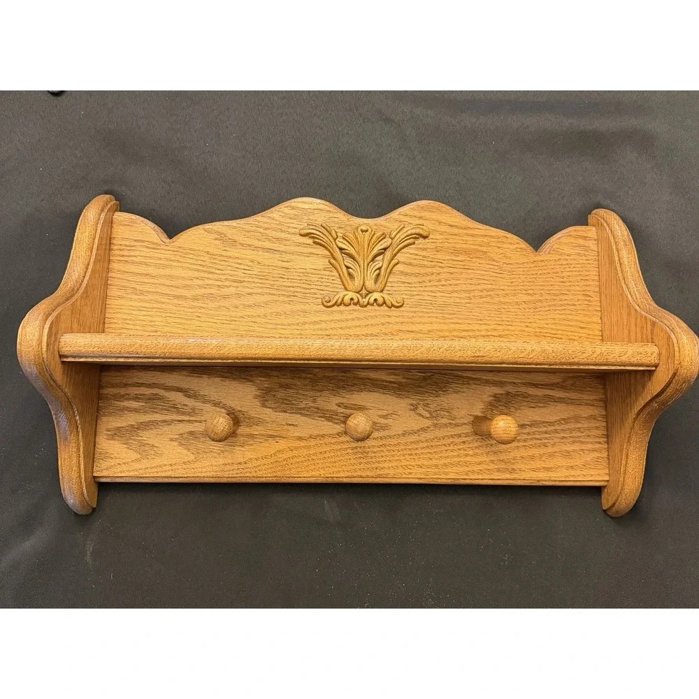 Vintage Solid Oak Hanging Wall Shelf Carved Floral Scroll Appliqué 20